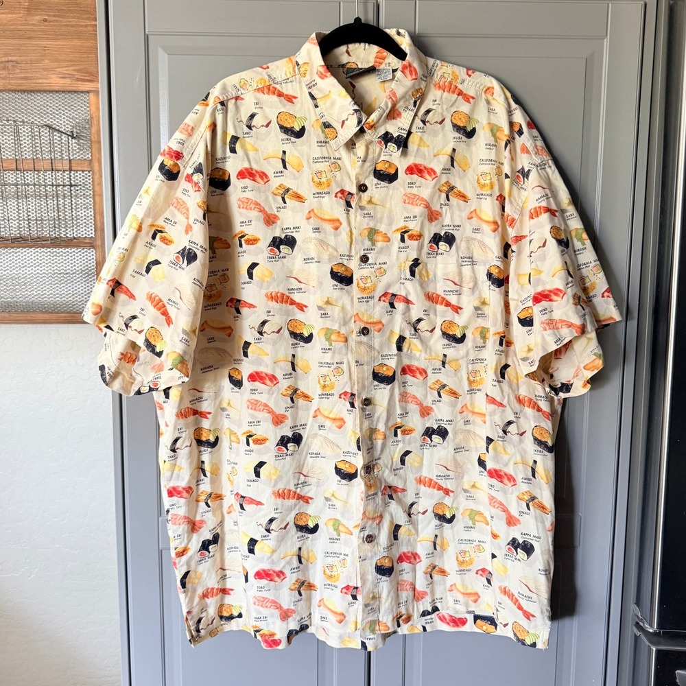 High Seas Men's Foodie Sushi Print Short Sleeve Button Down Shirt,Cream, 3XL